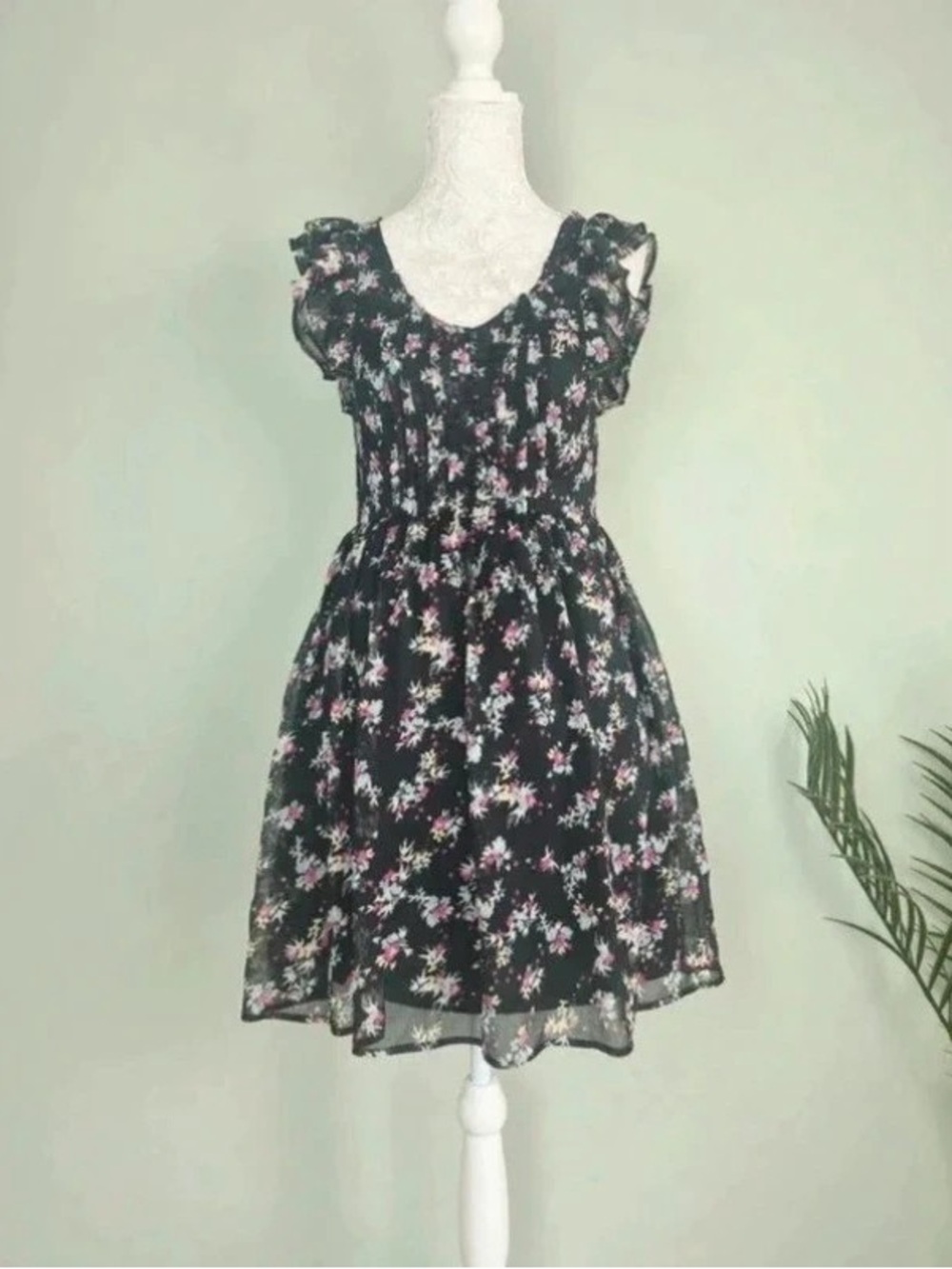Black Floral Smocked Ruffle-Sleeve Maxi Dress